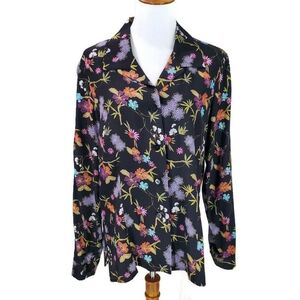 Coldwater Creek Blouse Top 100% Silk Long Sleeve Floral Print Asian Button Up